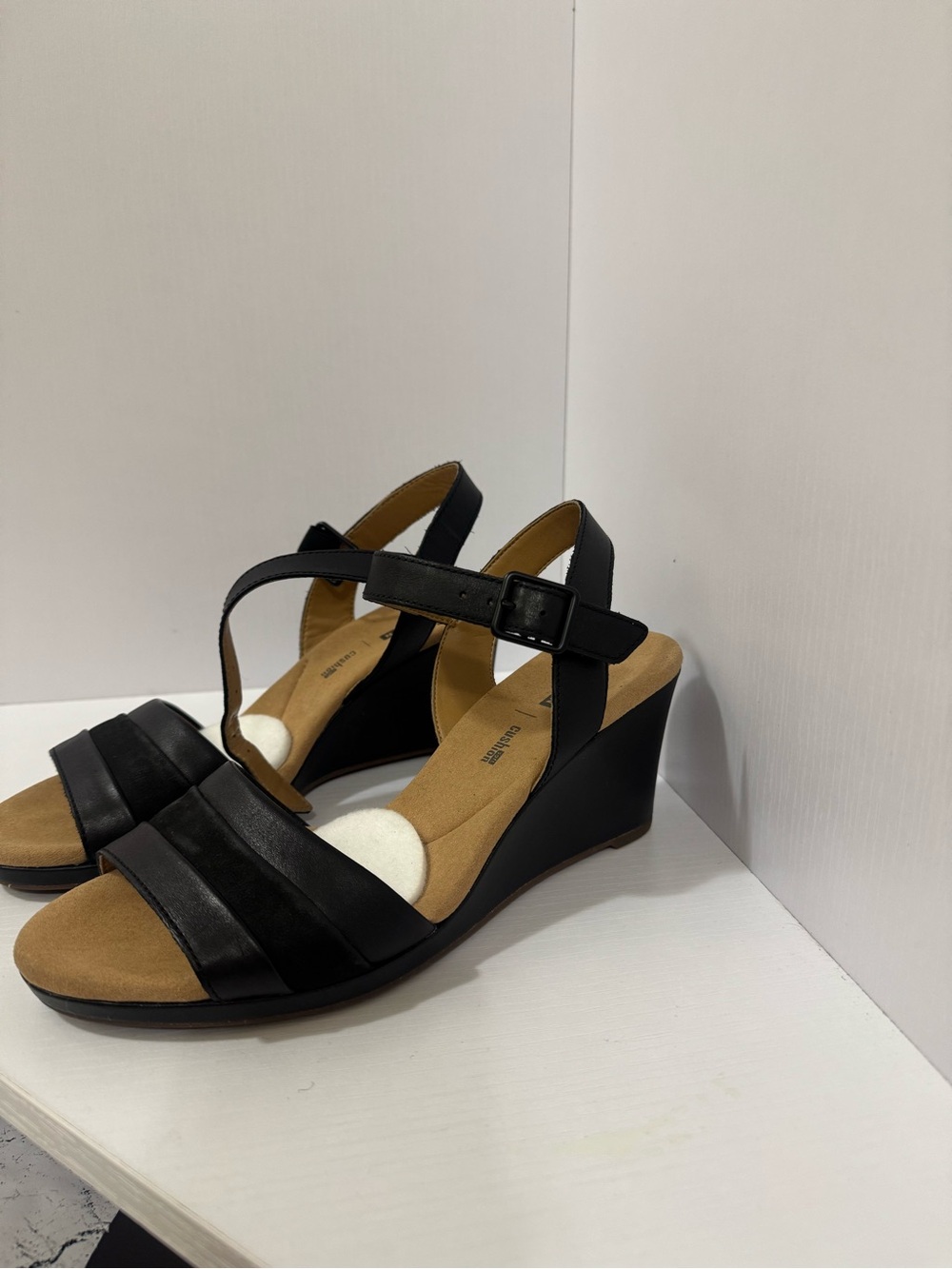 Clarks Collection Black Leather Wedge Sandals Cushion Soft Ankle Strap